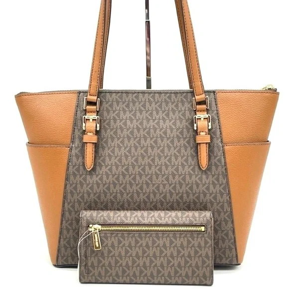 Michael Kors Large Charlotte Tote Bag & Large Trifold Wallet Brown (NWT)